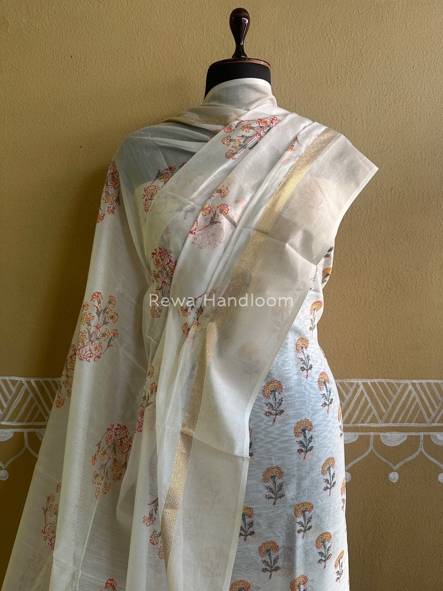 Maheshwari Yellow-White Handblock Print Top-Dupatta HBS089