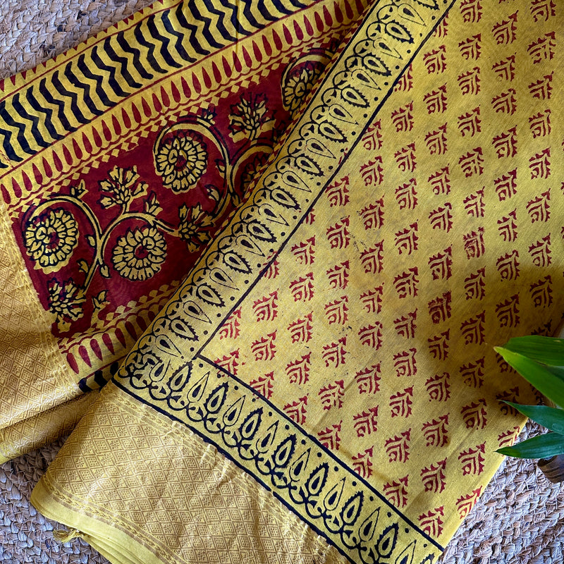 Maheshwari Mustard - Red Bagh Print Saree