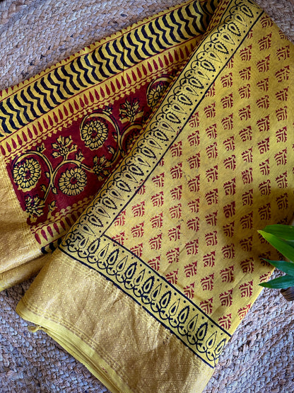 Maheshwari Mustard - Red Bagh Print Saree