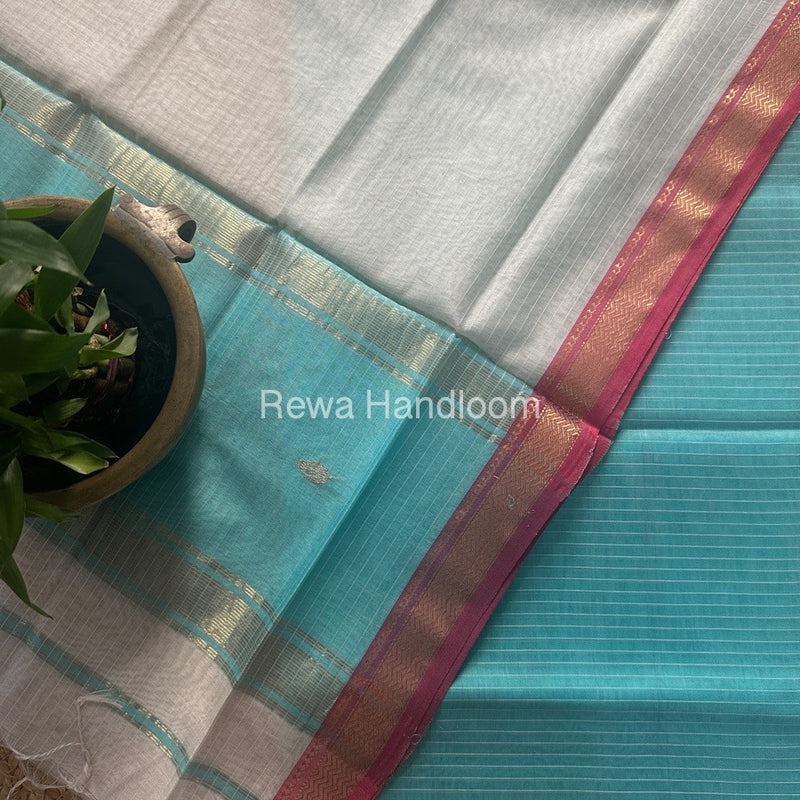 Maheshwari Sky Blue-White Motifs Top-Dupatta Set PST0130