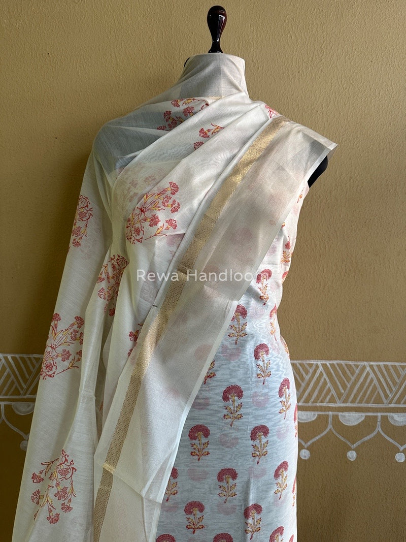 Maheshwari White Handblock Print Top-Dupatta HBS0101