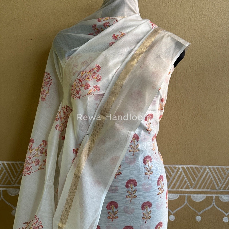Maheshwari White Handblock Print Top-Dupatta HBS0101
