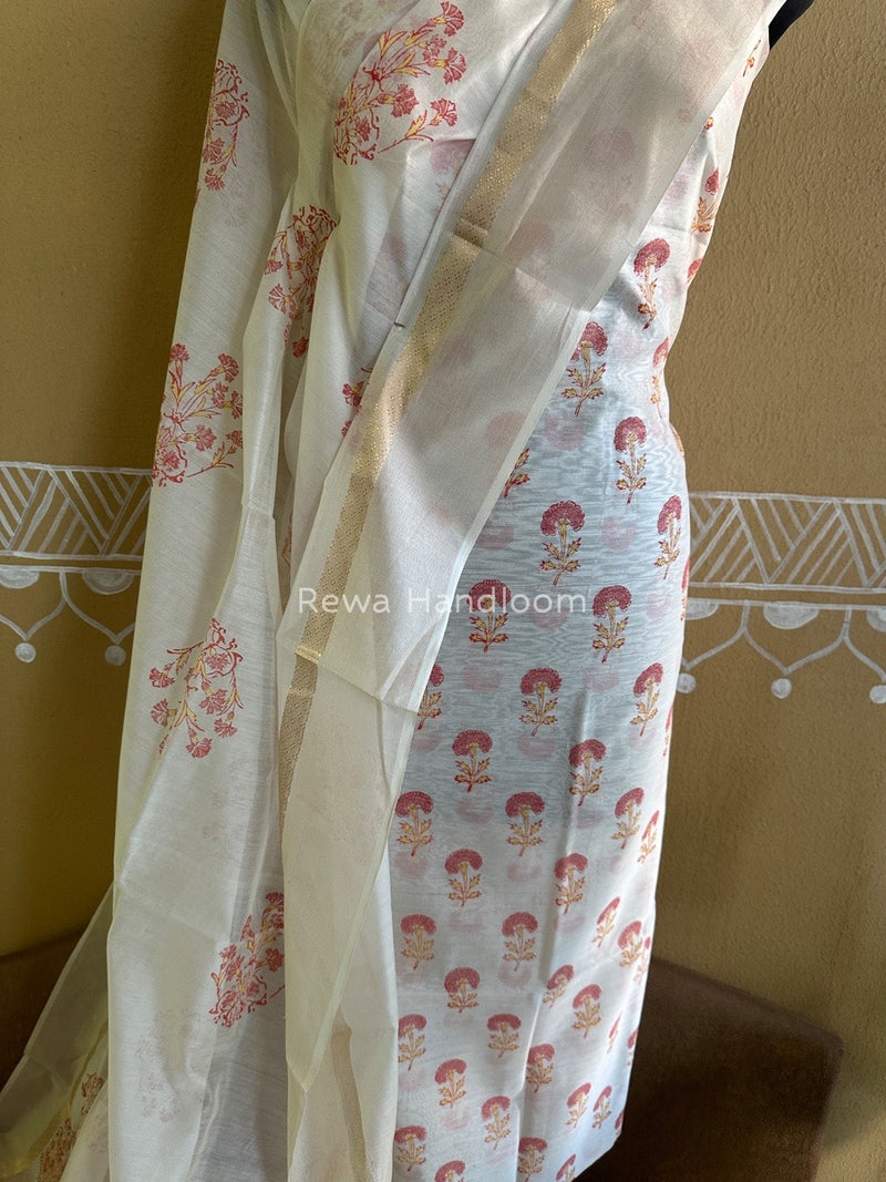 Maheshwari White Handblock Print Top-Dupatta HBS0101