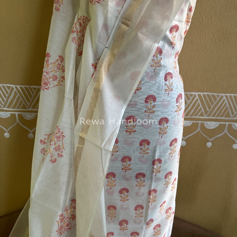 Maheshwari White Handblock Print Top-Dupatta HBS0101
