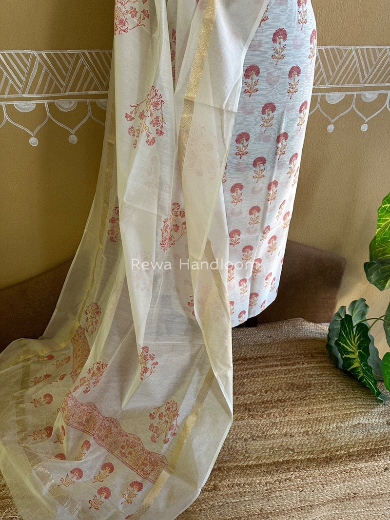 Maheshwari White Handblock Print Top-Dupatta HBS0101