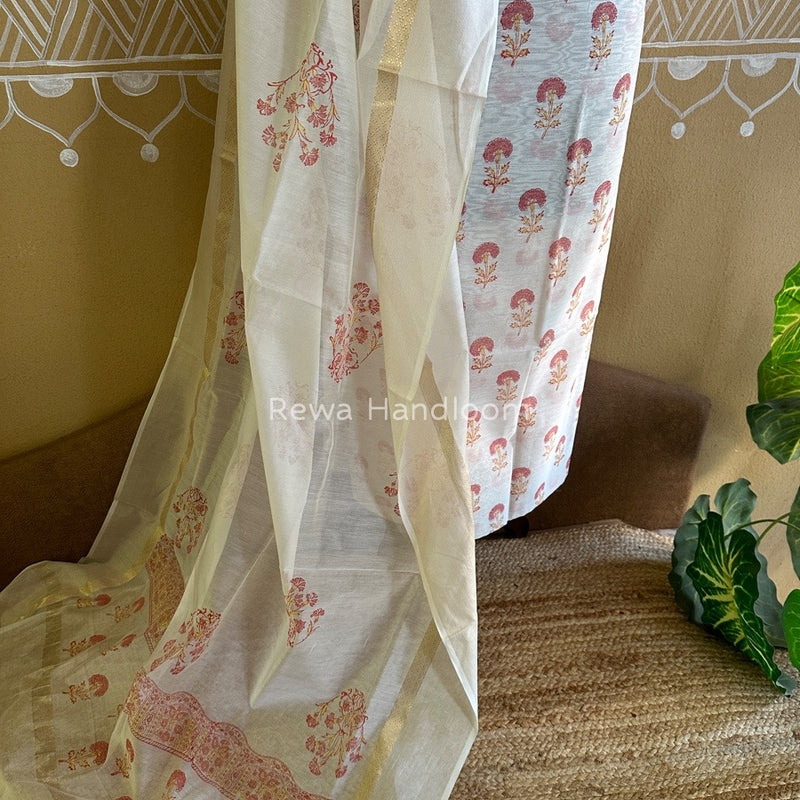 Maheshwari White Handblock Print Top-Dupatta HBS0101