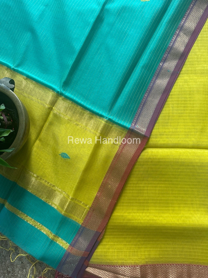 Maheshwari Turmeric Yellow-Sea Green Motifs Top-Dupatta Set PST0114