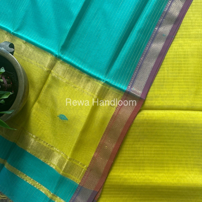 Maheshwari Turmeric Yellow-Sea Green Motifs Top-Dupatta Set PST0114