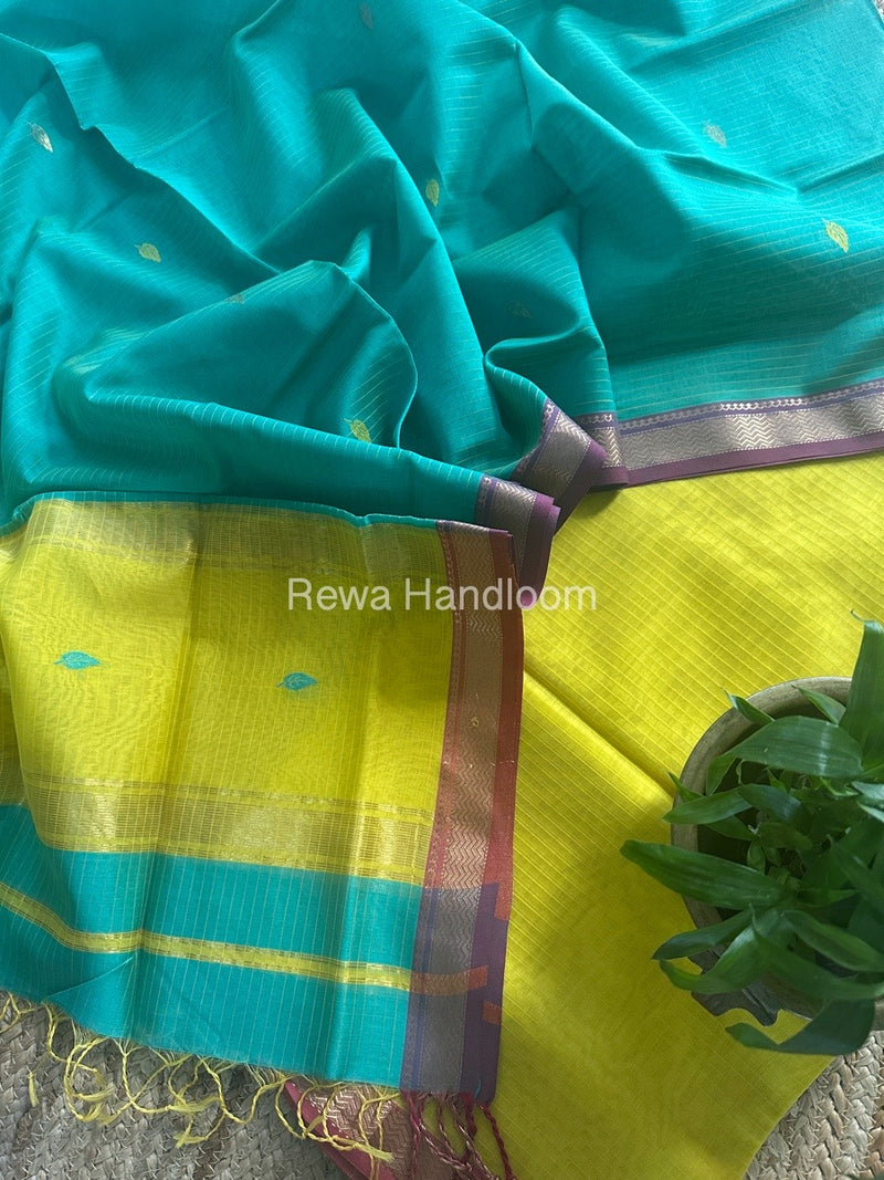 Maheshwari Turmeric Yellow-Sea Green Motifs Top-Dupatta Set PST0114