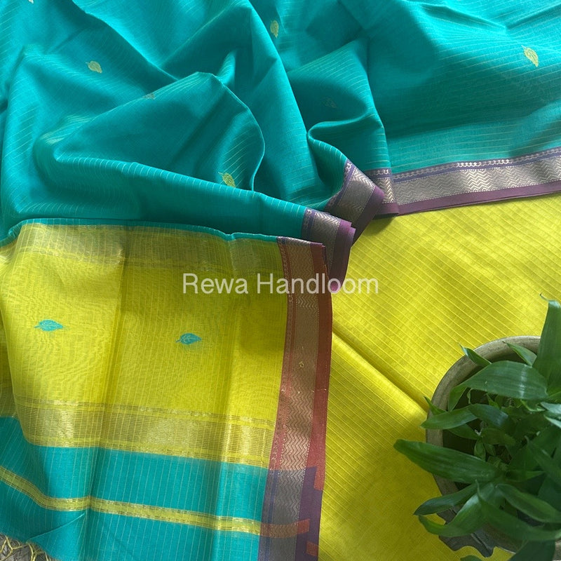 Maheshwari Turmeric Yellow-Sea Green Motifs Top-Dupatta Set PST0114