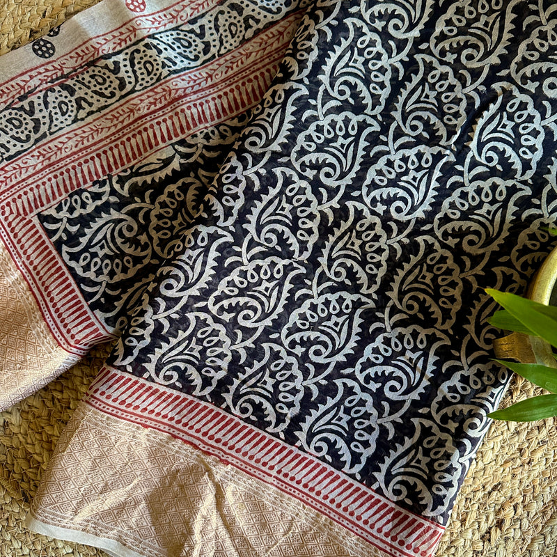 Maheshwari Black - Beige Bagh Print Saree