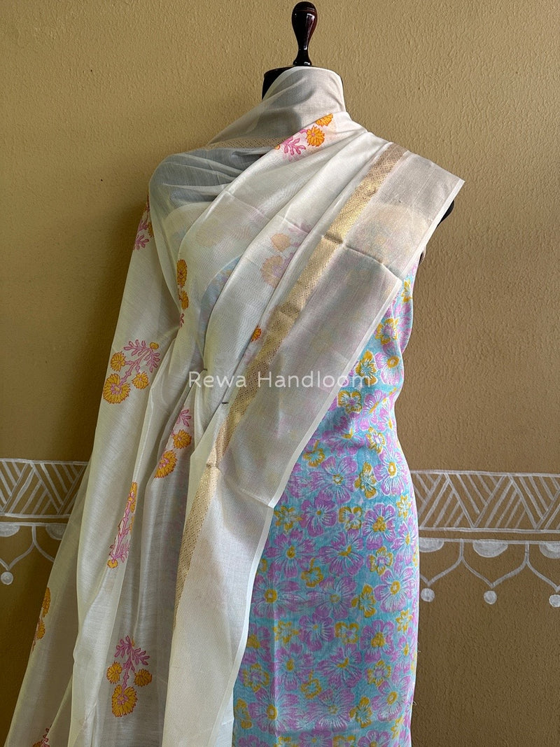 Maheshwari Sea Green-White Handblock Print Top-Dupatta HBS099
