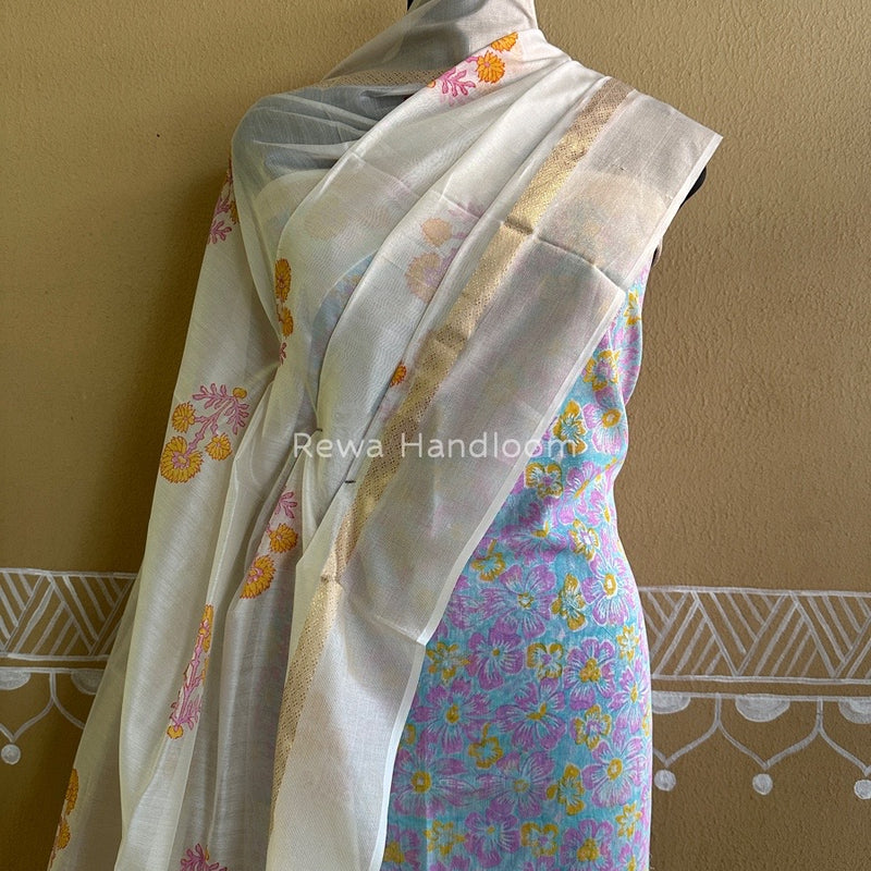 Maheshwari Sea Green-White Handblock Print Top-Dupatta HBS099