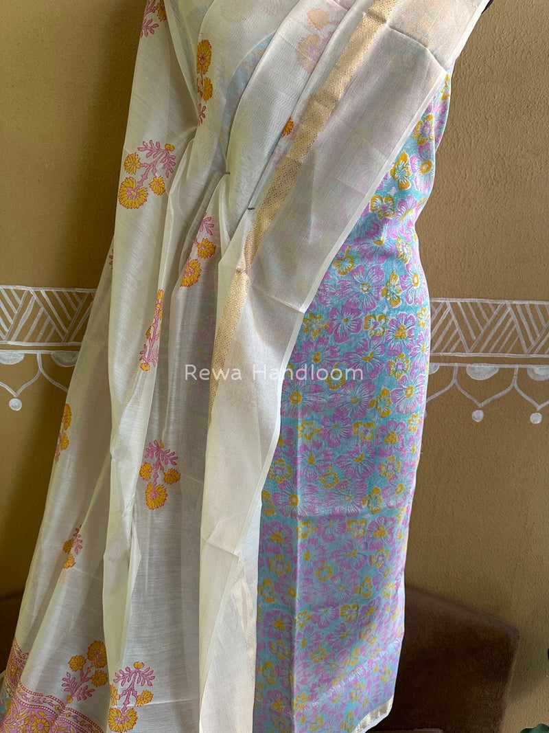 Maheshwari Sea Green-White Handblock Print Top-Dupatta HBS099