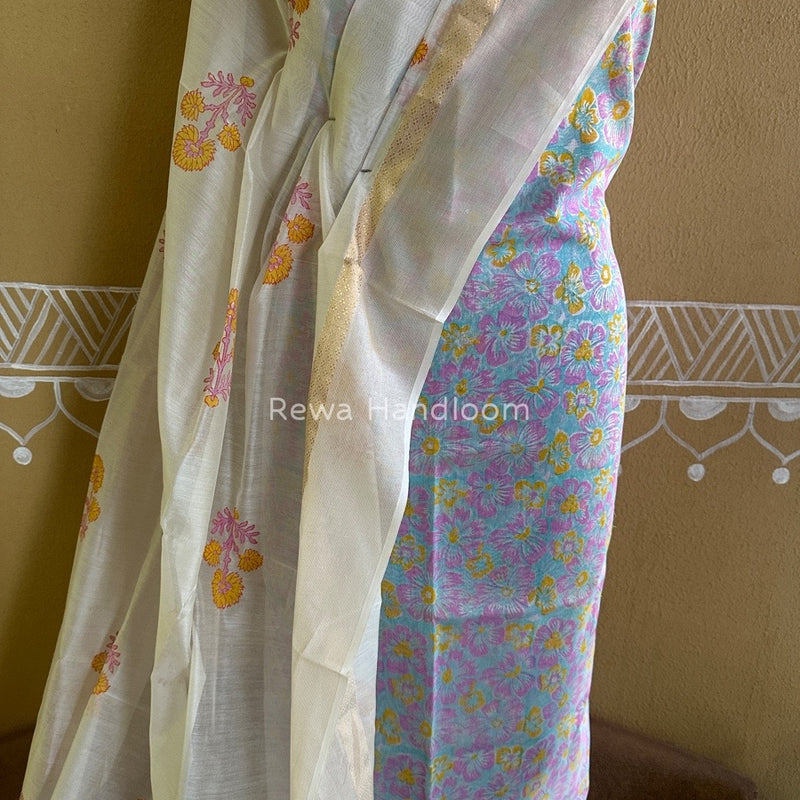 Maheshwari Sea Green-White Handblock Print Top-Dupatta HBS099