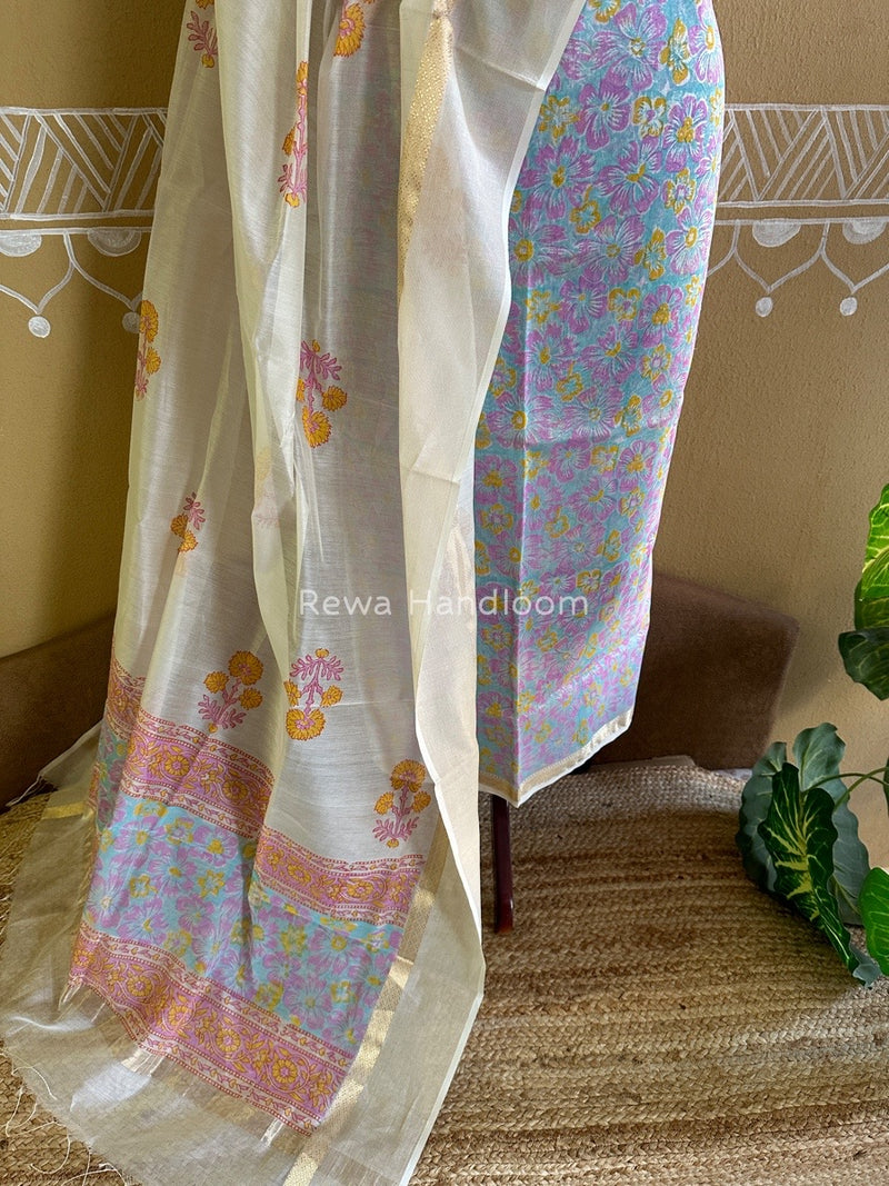 Maheshwari Sea Green-White Handblock Print Top-Dupatta HBS099