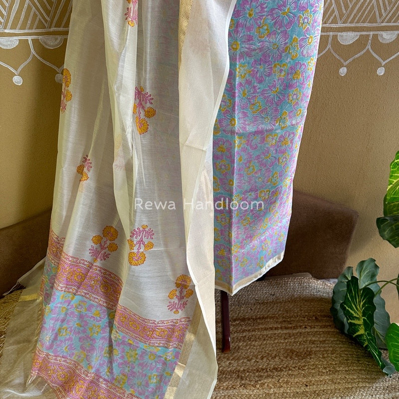 Maheshwari Sea Green-White Handblock Print Top-Dupatta HBS099