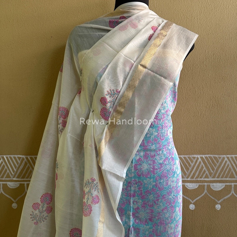 Maheshwari Sea Green-White Handblock Print Top-Dupatta HBS0123