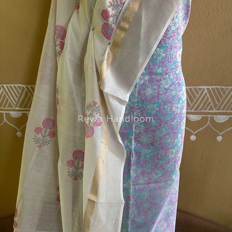 Maheshwari Sea Green-White Handblock Print Top-Dupatta HBS0123