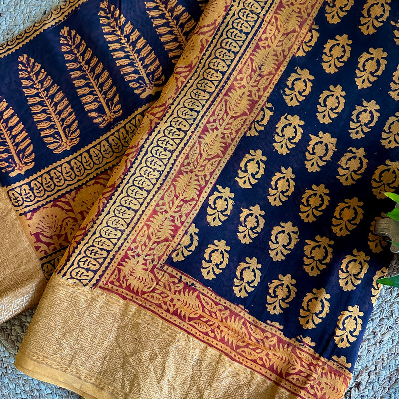 Maheshwari Black - Mustard Bagh Print Saree