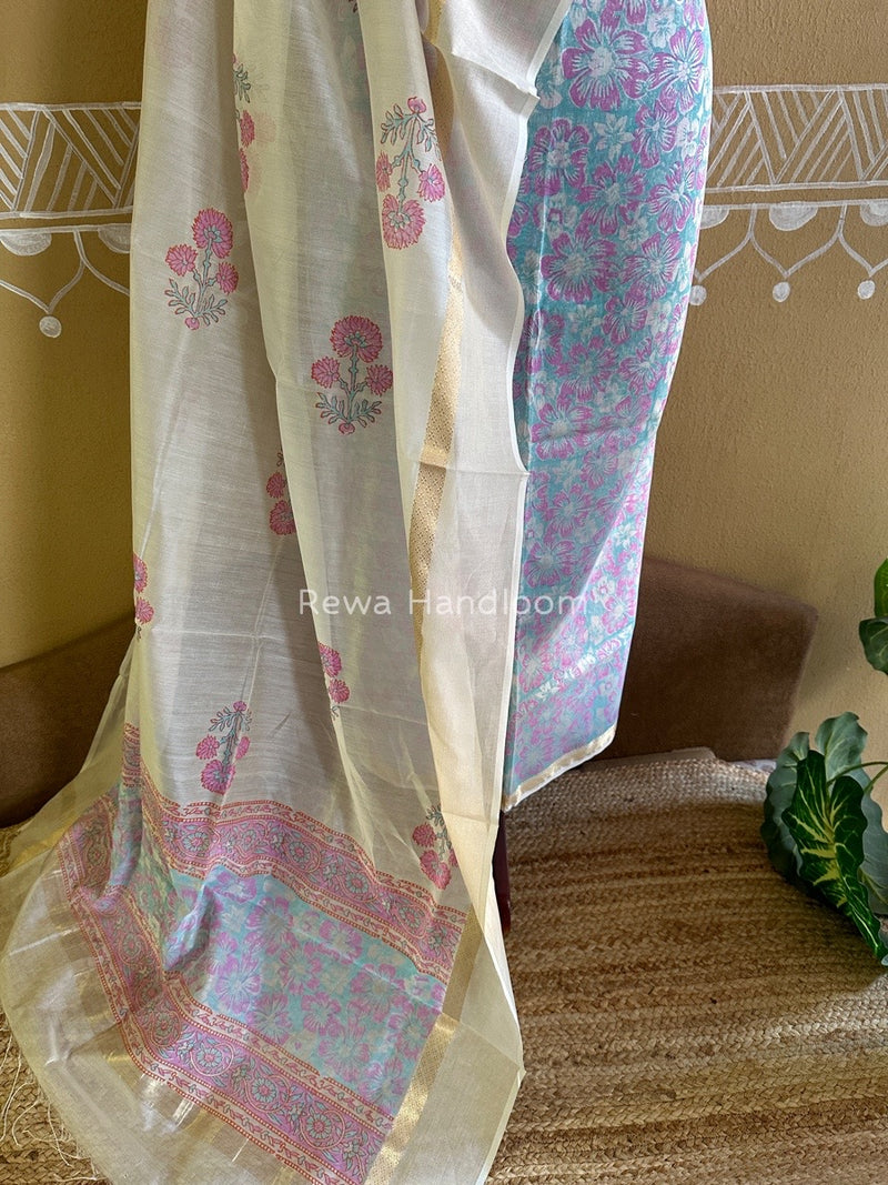 Maheshwari Sea Green-White Handblock Print Top-Dupatta HBS0123