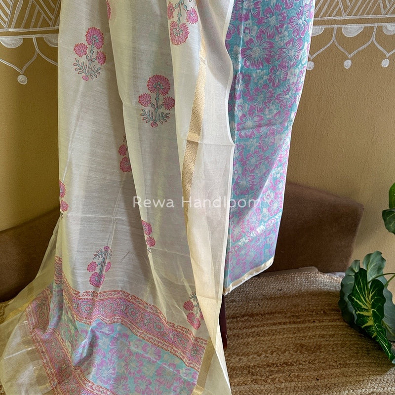 Maheshwari Sea Green-White Handblock Print Top-Dupatta HBS0123
