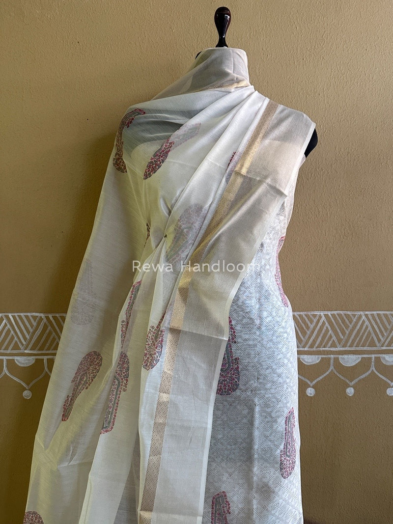 Maheshwari White Handblock Print Top-Dupatta HBS090