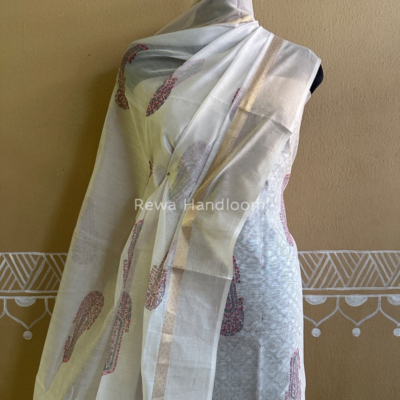 Maheshwari White Handblock Print Top-Dupatta HBS090