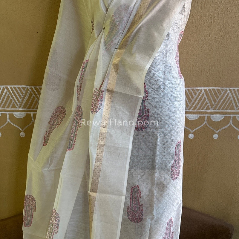 Maheshwari White Handblock Print Top-Dupatta HBS090
