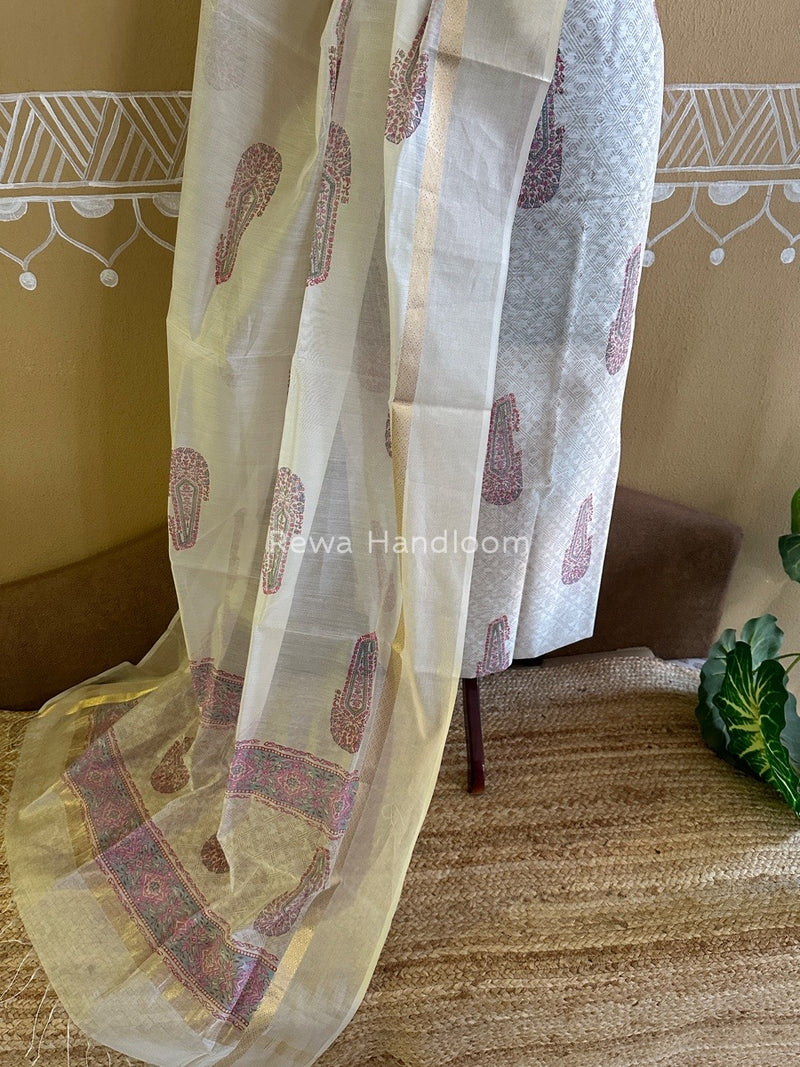 Maheshwari White Handblock Print Top-Dupatta HBS090