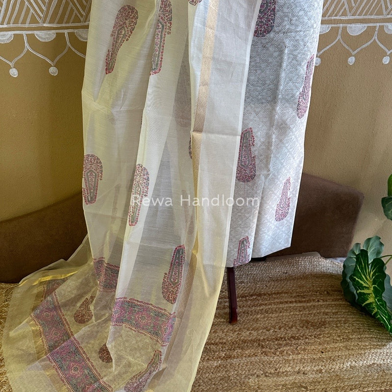 Maheshwari White Handblock Print Top-Dupatta HBS090