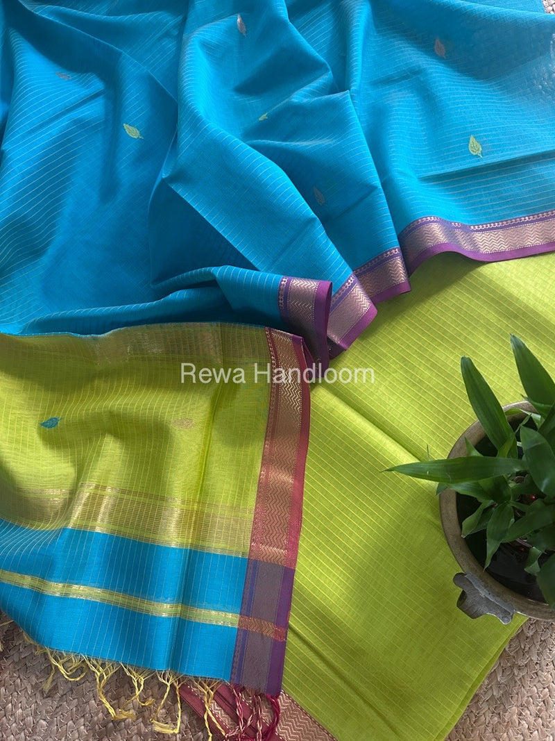 Maheshwari Yellow-Aqua Blue Motifs Top-Dupatta Set PST0149