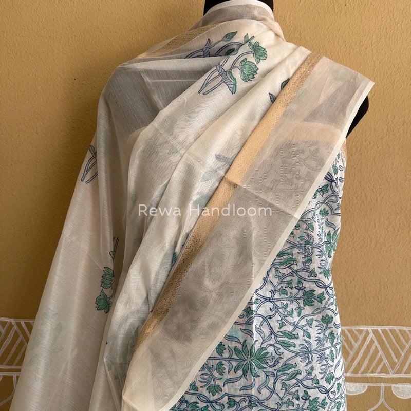 Maheshwari White Handblock Print Top-Dupatta HBS087