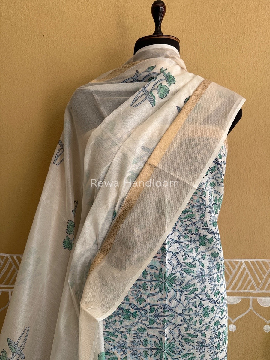 Maheshwari White Handblock Print Top-Dupatta HBS087