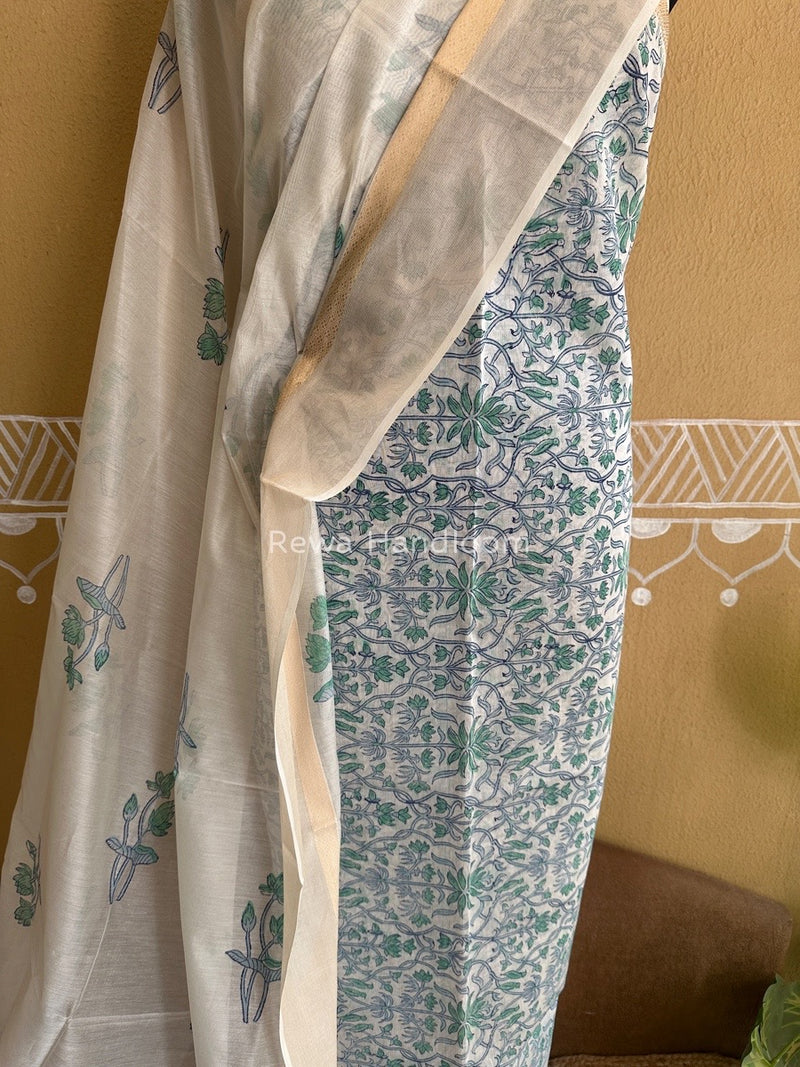 Maheshwari White Handblock Print Top-Dupatta HBS087