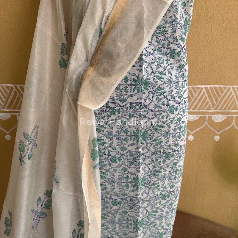 Maheshwari White Handblock Print Top-Dupatta HBS087