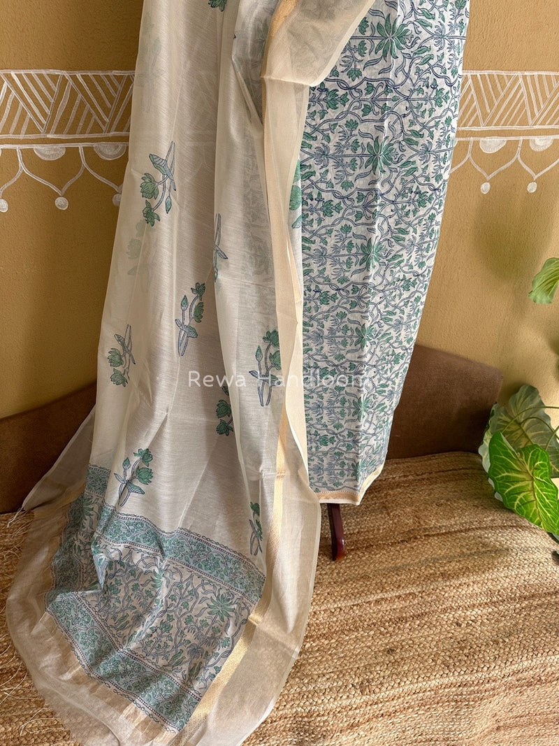 Maheshwari White Handblock Print Top-Dupatta HBS087