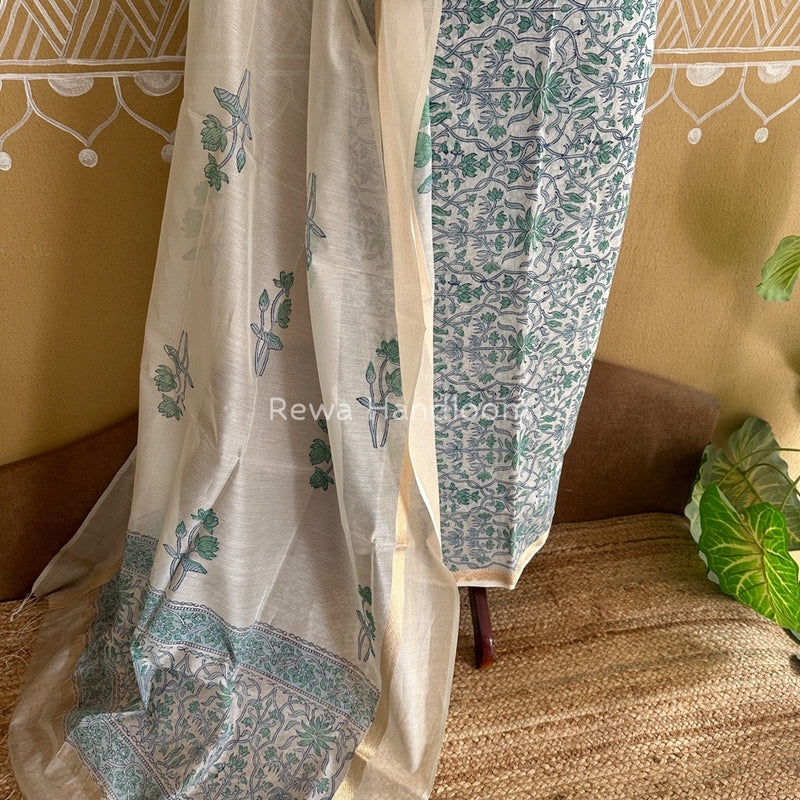 Maheshwari White Handblock Print Top-Dupatta HBS087