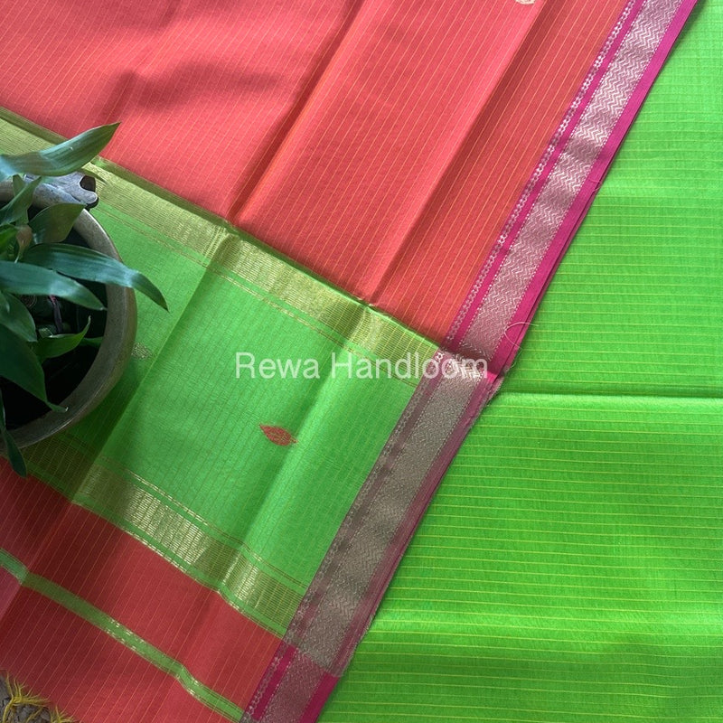 Maheshwari Parrot Green-Fuchsia Pink Motifs Top-Dupatta Set PST0170