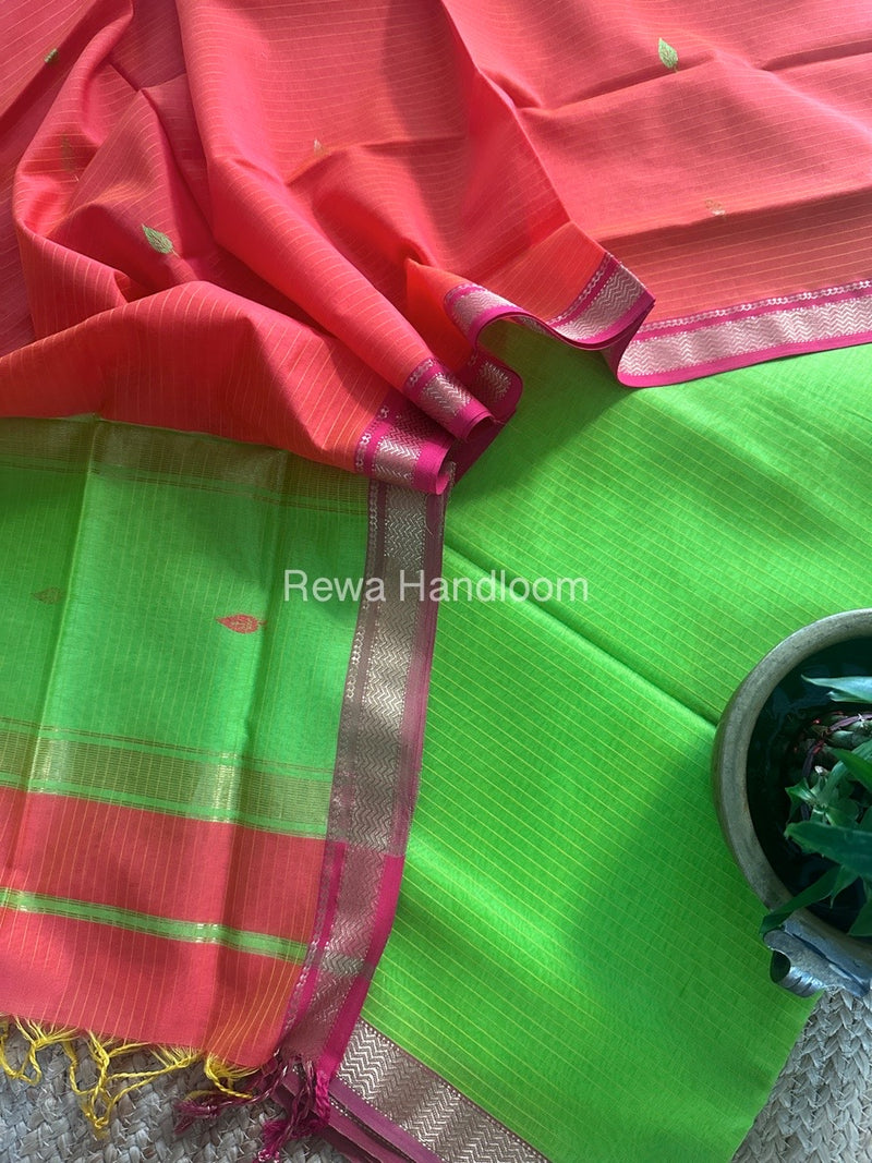 Maheshwari Parrot Green-Fuchsia Pink Motifs Top-Dupatta Set PST0170