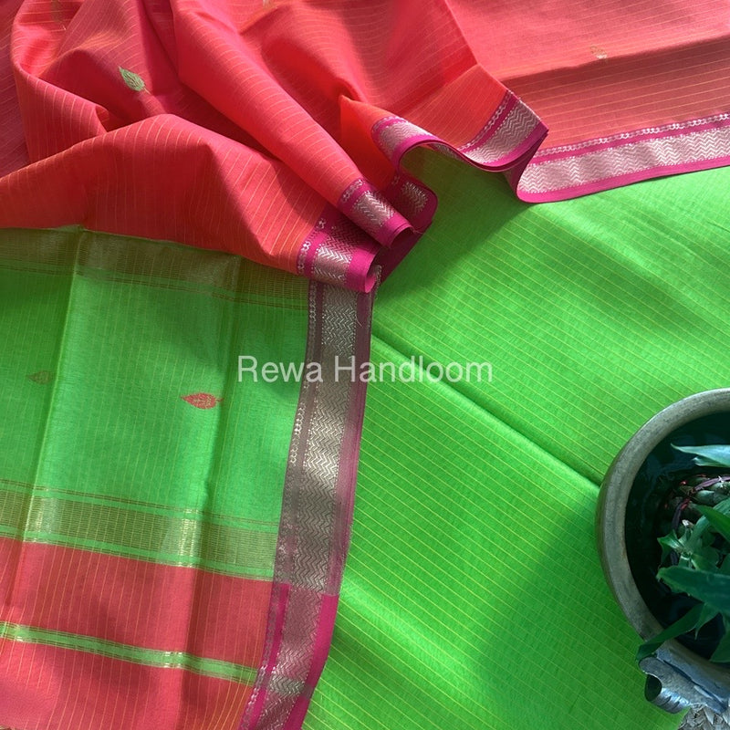 Maheshwari Parrot Green-Fuchsia Pink Motifs Top-Dupatta Set PST0170