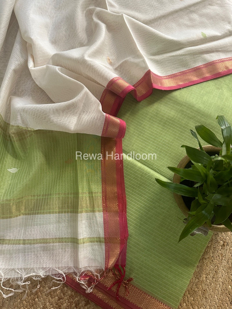 Maheshwari Pista Green-White Motifs Top-Dupatta Set PST0104