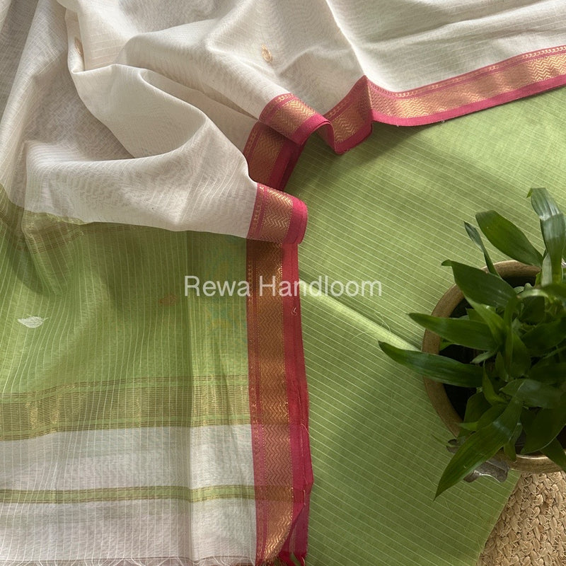 Maheshwari Pista Green-White Motifs Top-Dupatta Set PST0104