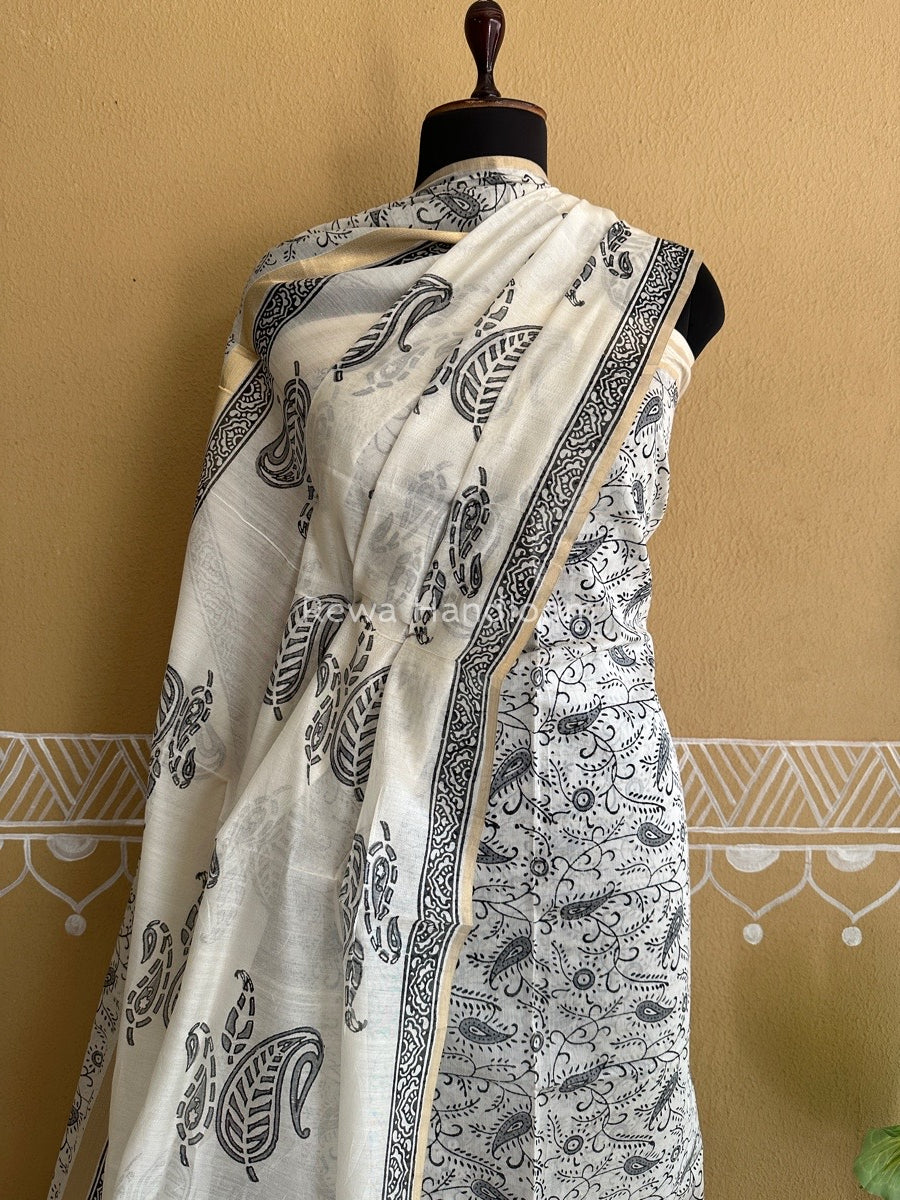 Maheshwari White Handblock Print Top-Dupatta HBS012