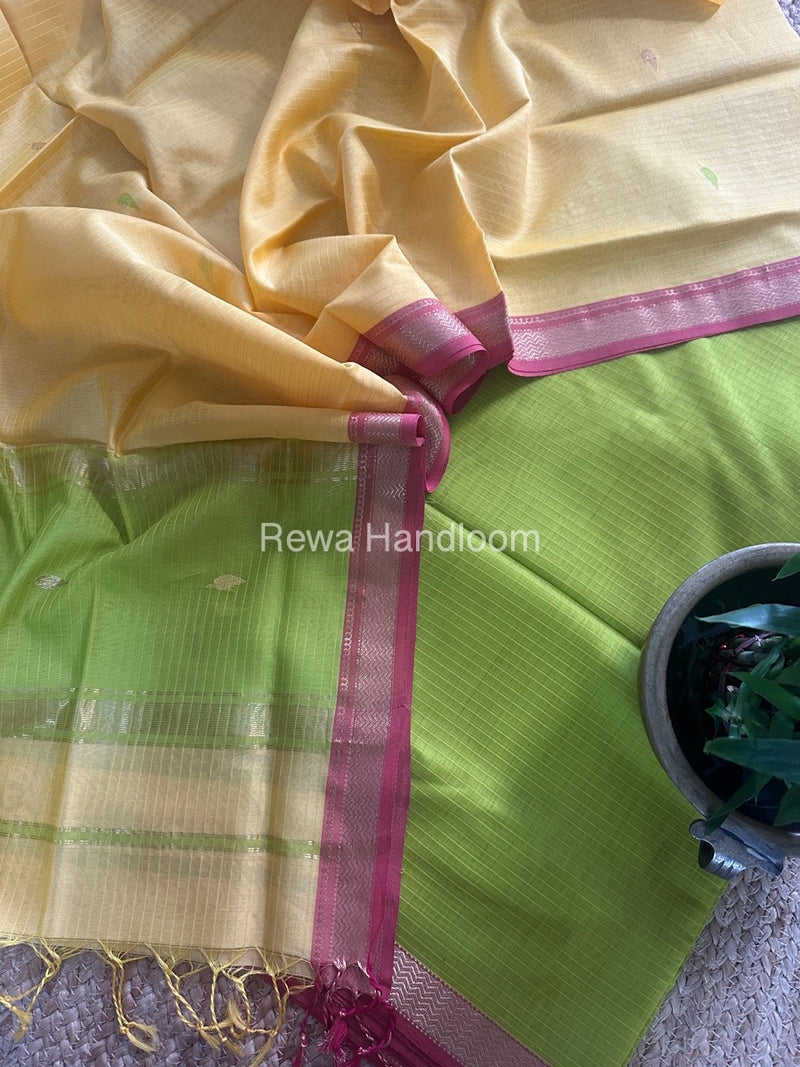 Maheshwari Mehandi Green-Yellow Motifs Top-Dupatta Set PST093