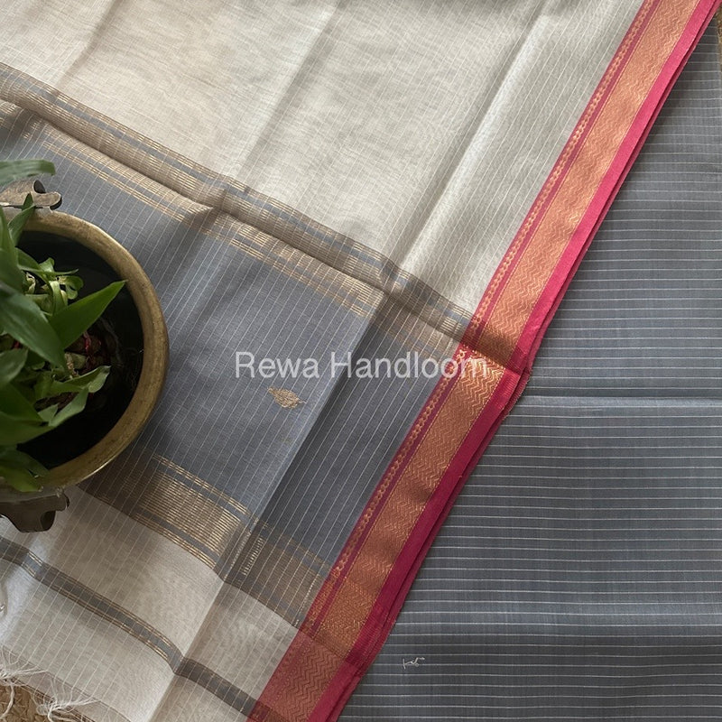 Maheshwari Grey-Off White Motifs Top-Dupatta Set PST0169