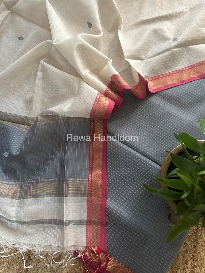 Maheshwari Grey-Off White Motifs Top-Dupatta Set PST0169