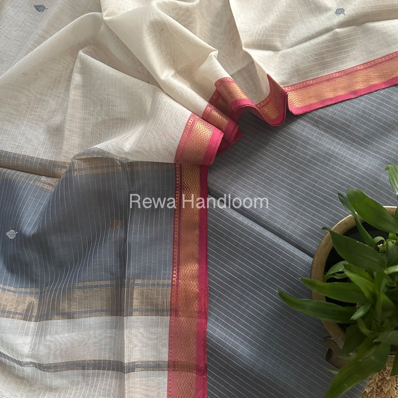 Maheshwari Grey-Off White Motifs Top-Dupatta Set PST0169