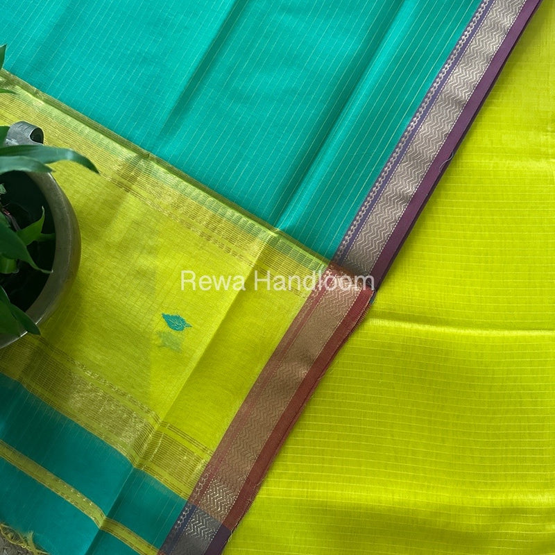 Maheshwari Yellow-Sea Green Motifs Top-Dupatta Set PST0158