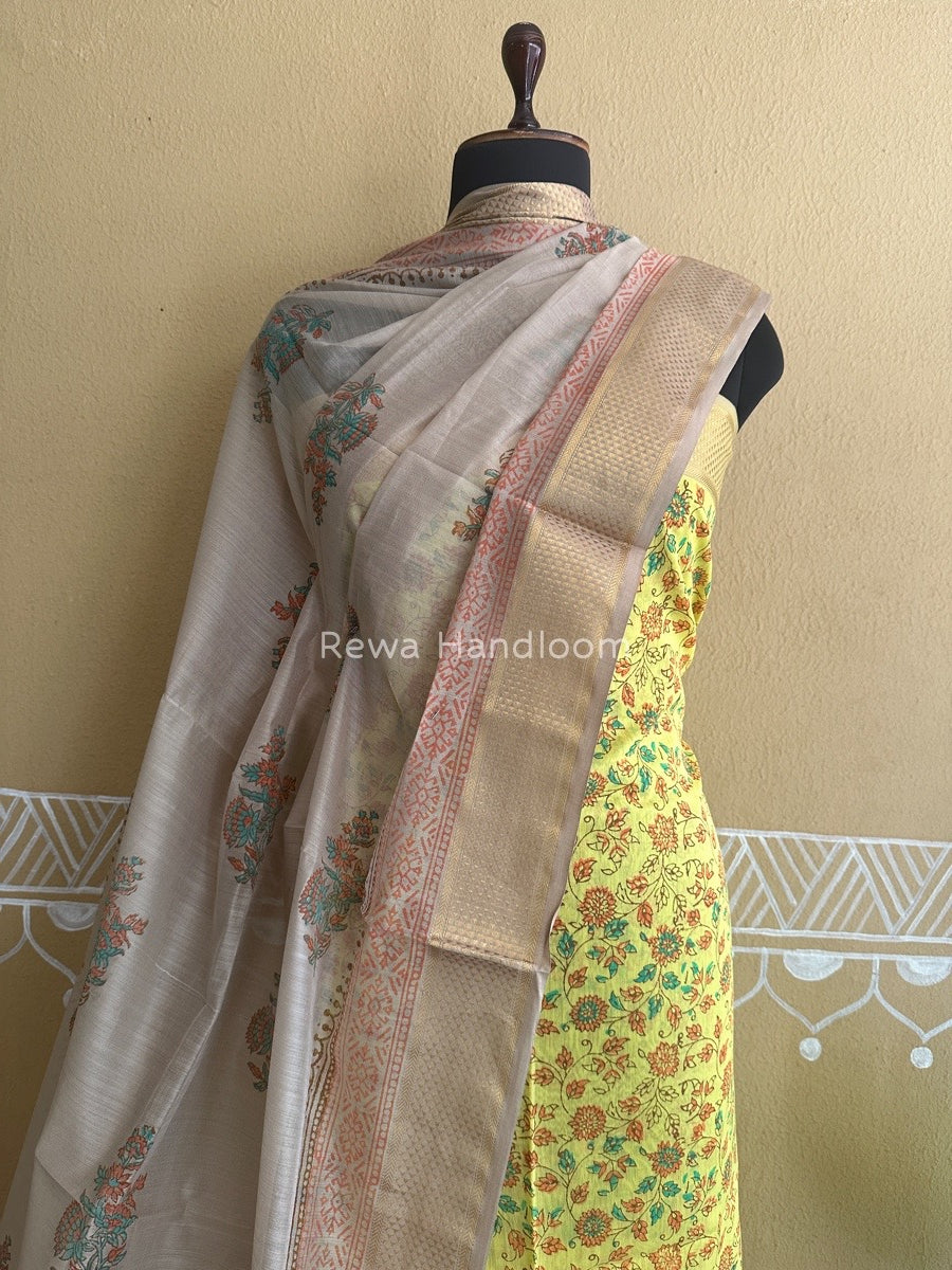 Maheshwari Yellow-Tussar Handblock Print Top-Dupatta HBS065